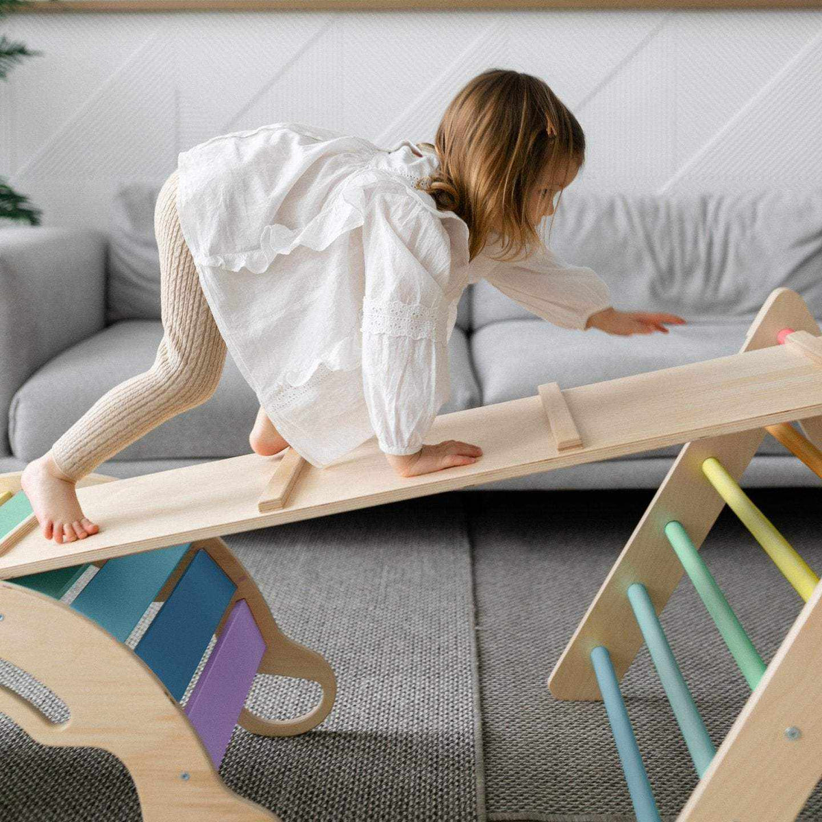 Montessori® Leiter + doppelseitiges XXL Brett + Schaukelset aus Holz - Farbe hell - Montessori.store