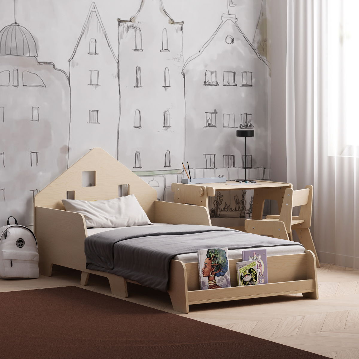Kinderbett mit verstellbarem Lattenrost und LED-Beleuchtung, hausförmiges Kopfteil, kinderfreundlich und umweltfreundlich.