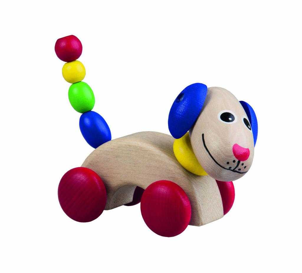 Buntes Hündchen auf Rädchen mit beweglicher Struktur für Kleinkinder.