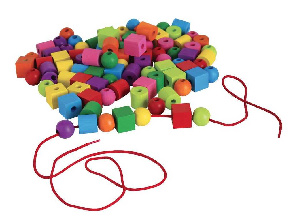 Colorful MAXI-PERLEN aus Holz beads with string for threading.