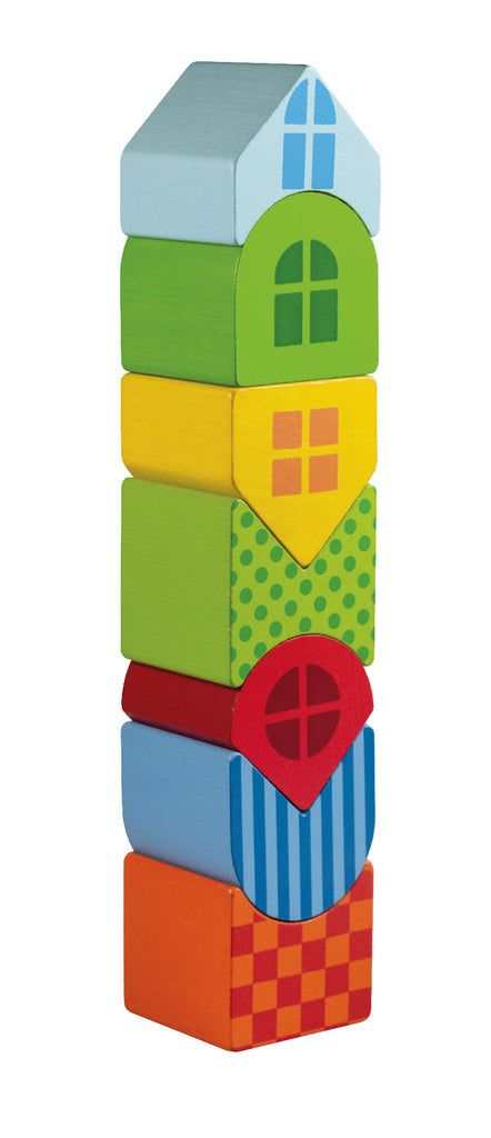 Colorful wooden stacking tower with seven pieces for enhancing motor skills.