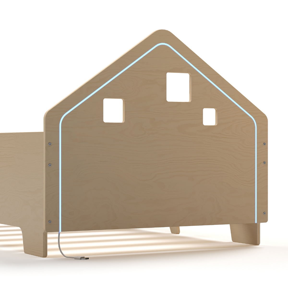 Schiebebett für Kinder mit Hausdesign, verstellbarer Länge und LED-Beleuchtung.