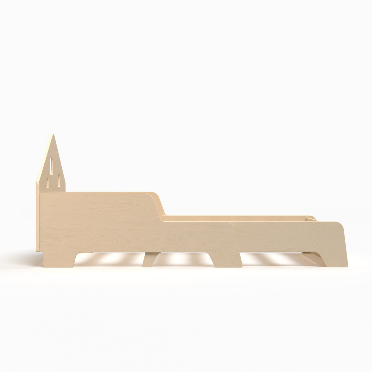 Kinderbett mit verstellbarer Liegefläche, Haus-Stil-Kopfteil und LED-Beleuchtung.