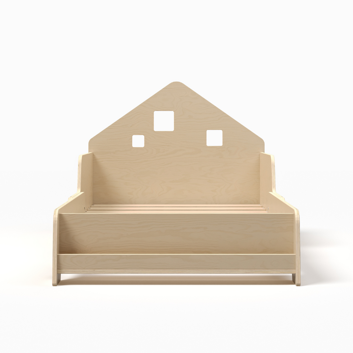 Kinderbett in Hausform mit verstellbarem Lattenrost und LED-Beleuchtung.