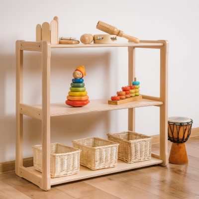 Montessori Regal-Set aus 3 Teilen: Mini, Midi, Maxi, aus FSC-zertifiziertem Holz, für Spielzeug und Bücher.
