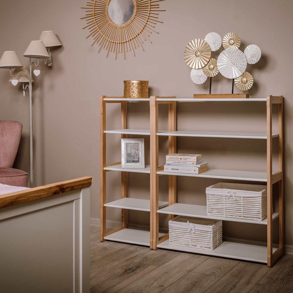 Montessori-inspired wooden toy storage shelves, open and versatile, for organizing toys and books.