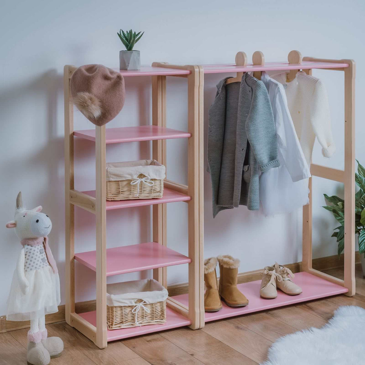 Montessori pink wardrobe with maxi shelf for kids, FSC-certified wood, encourages independence.