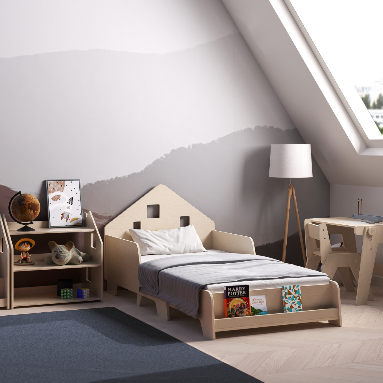 Montessori Kinderbett mit verstellbarem Lattenrost, LED-Beleuchtung, und hauseigenem Kopfteil in gemütlichem Kinderzimmer.