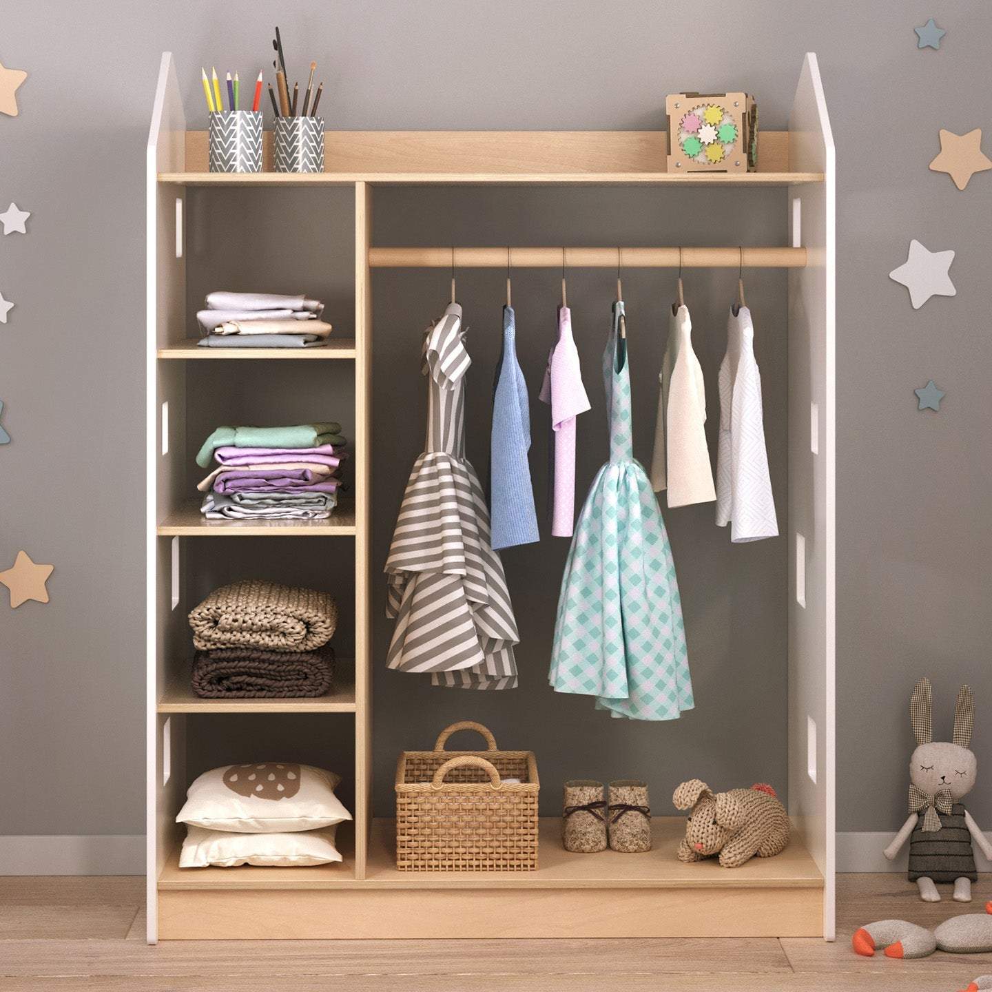 Open children's wardrobe in house shape - white, featuring shelves and hanging space for easy clothing organization, supporting Montessori principles.