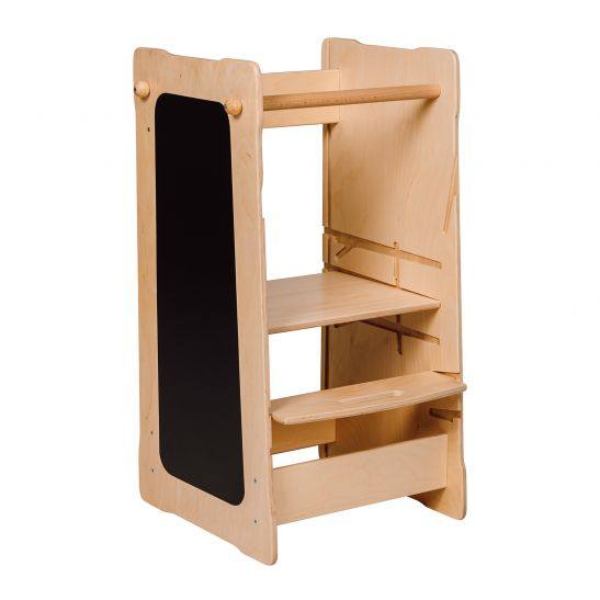 Montessori Lernturm XXL aus Holz mit Tafel und Spiegel, ideal für Kinderinteraktion und Lernen.