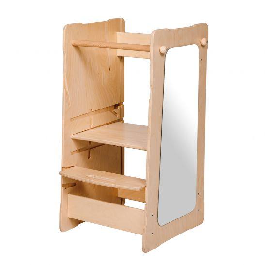 Montessori Lernturm XXL with mirror panel, crafted from FSC-certified wood for safe and eco-friendly learning.
