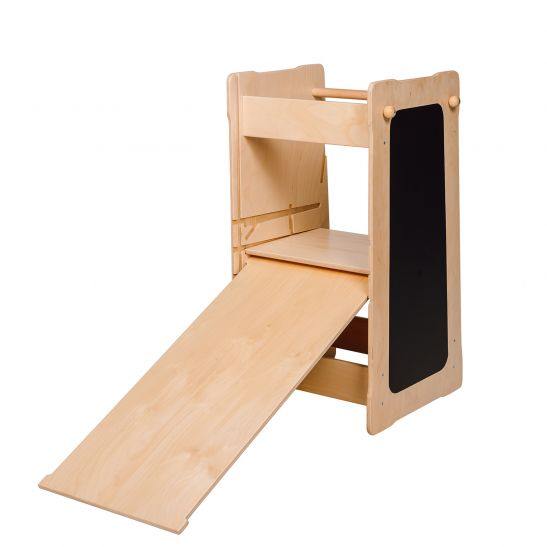 Montessori Lernturm XXL with slide and blackboard, made from FSC-certified beech and birch plywood.