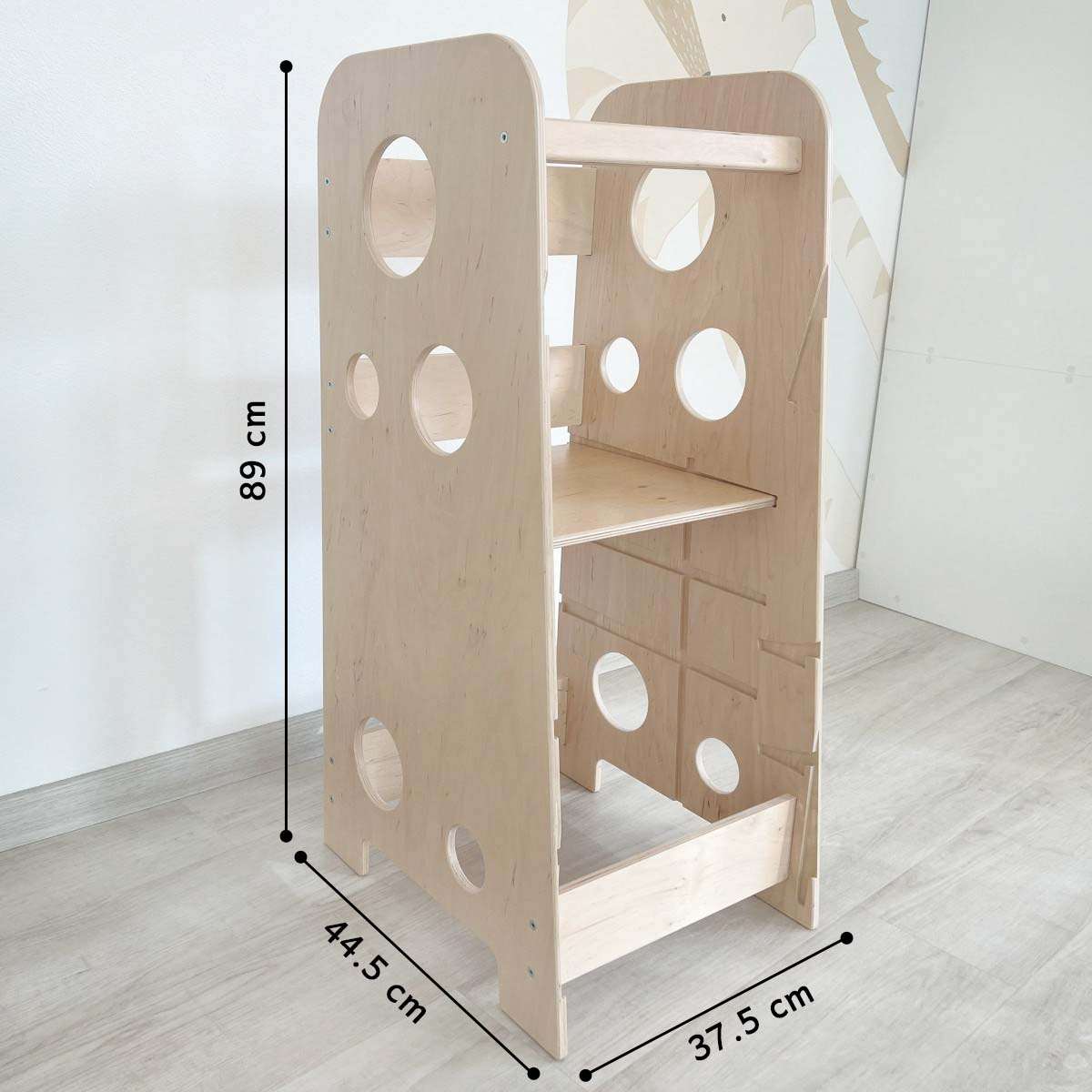 Multifunctional 3-in-1 Montessori-inspired Lernturm for kids, 89 cm height, birch plywood, adjustable platform, safety features.