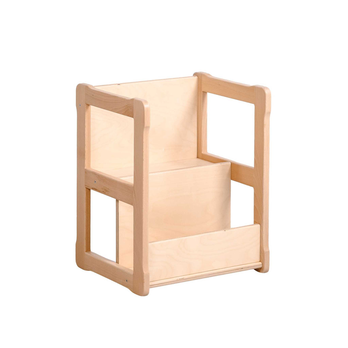 Small wooden bookshelf for children with two compartments, FSC-certified beech and birch plywood.