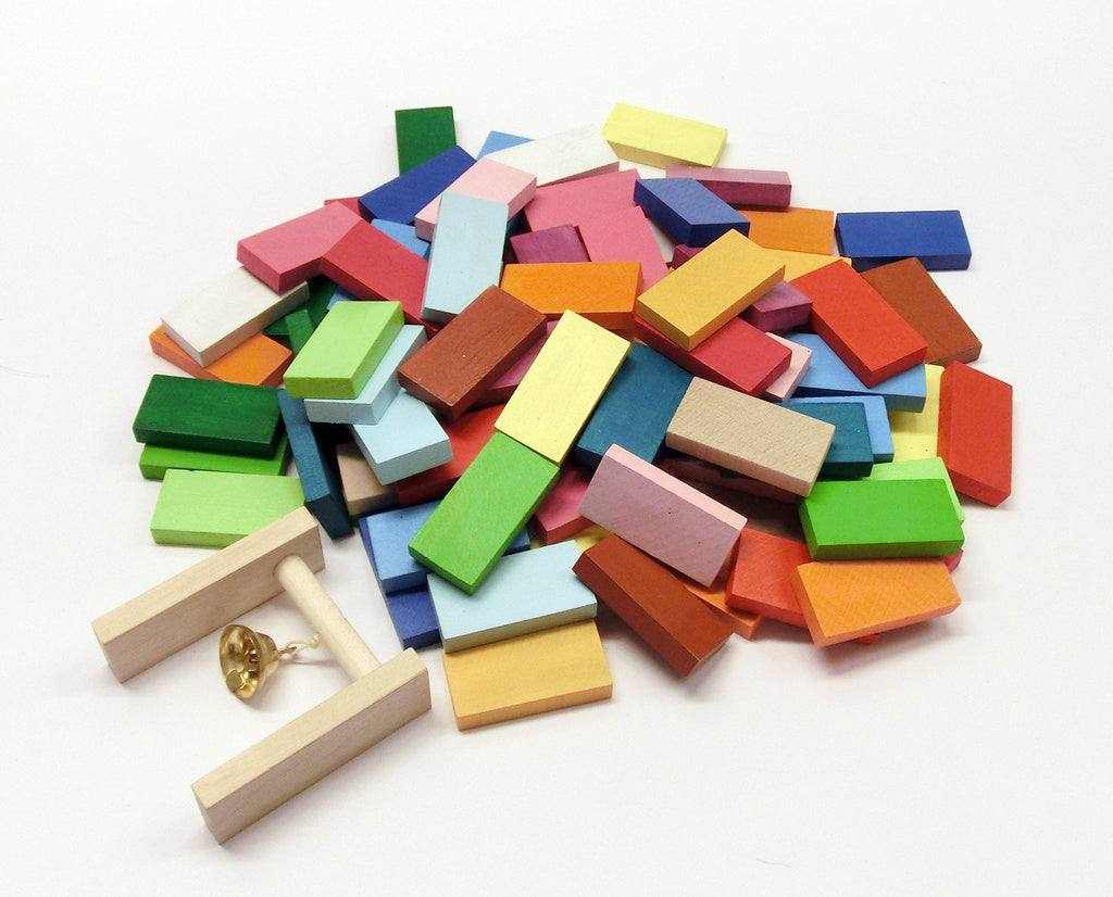 Colorful wooden domino set with a bell gate, enhancing motor skills and creativity for kids.