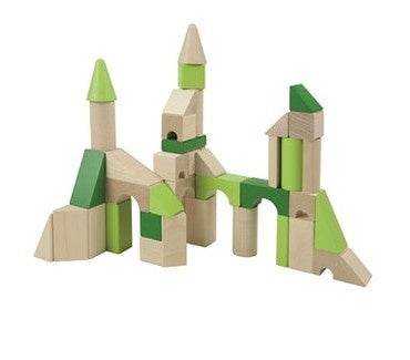 Building set with 45 wooden blocks in various shapes, promoting creativity and motor skills for toddlers.
