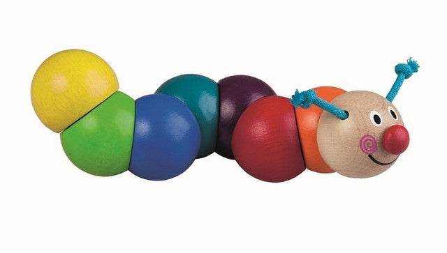 Colorful bendable wooden caterpillar toy for babies 6 months and up.
