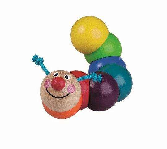 Multicolored, twistable and bendable wooden caterpillar toy for babies.