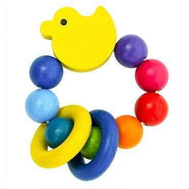 Holzrassel KITTY with duck motif and colorful beads for baby sensory development.