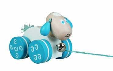 Schäfchen Nachziehspielzeug pull-along toy for toddlers with blue wheels.