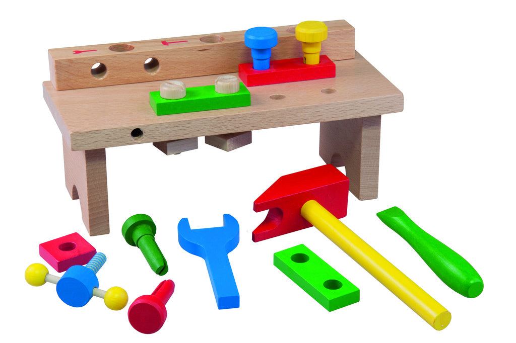 Wooden toy tool bench with colorful tools for children aged 3+.