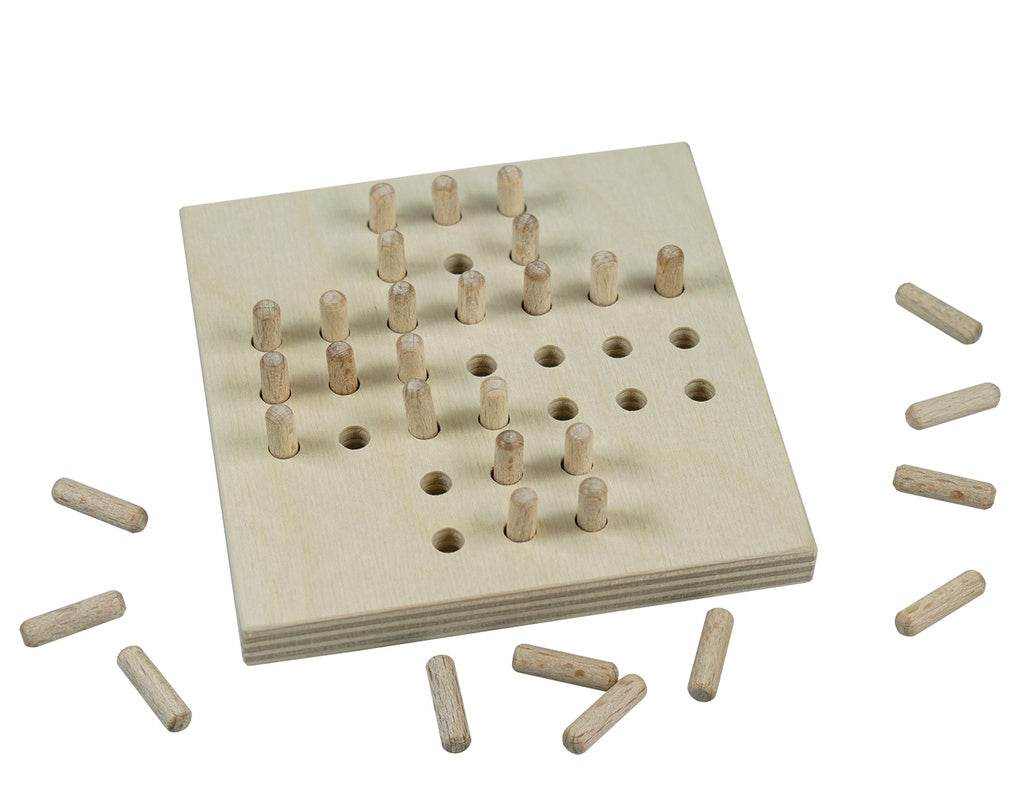 Wooden Solitaire game board with pegs, suitable for ages 6 and up.