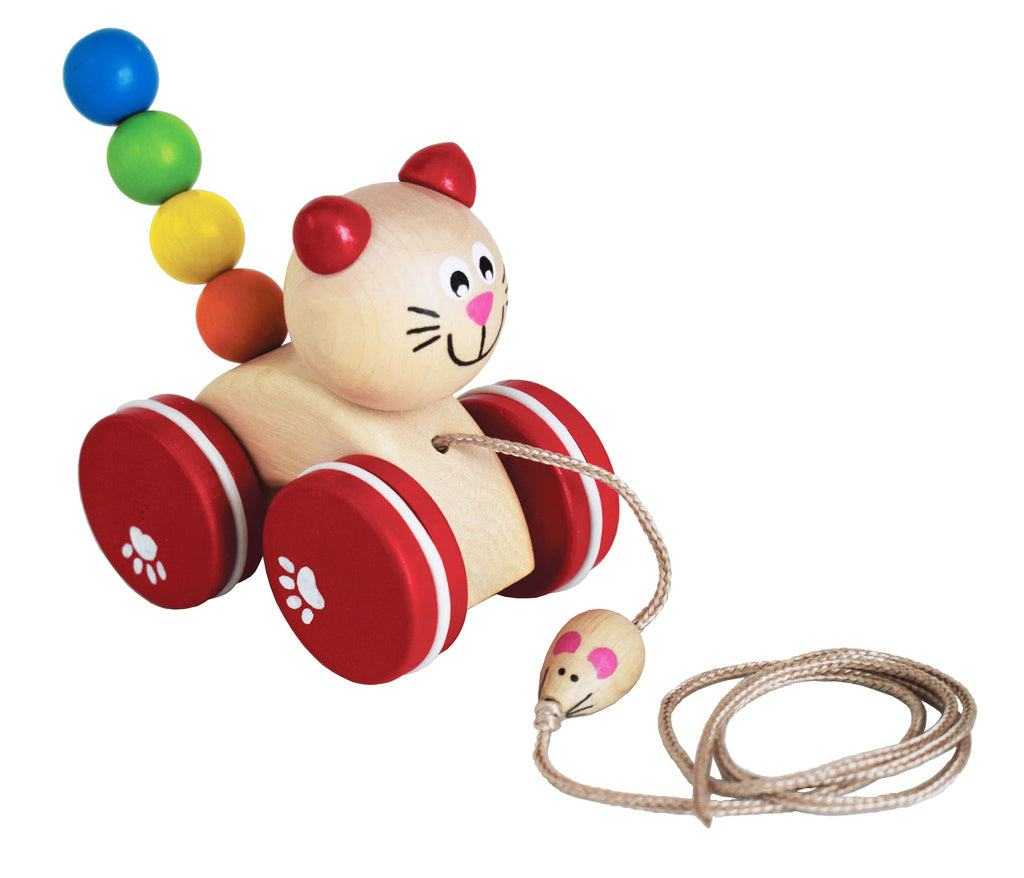 Katze und Maus Nachziehspielzeug mit buntem Holzdesign für Kinder.