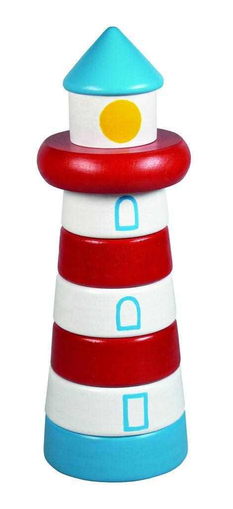 Foldable wooden lighthouse pyramid toy for babies, enhances imagination, logic, and motor skills.