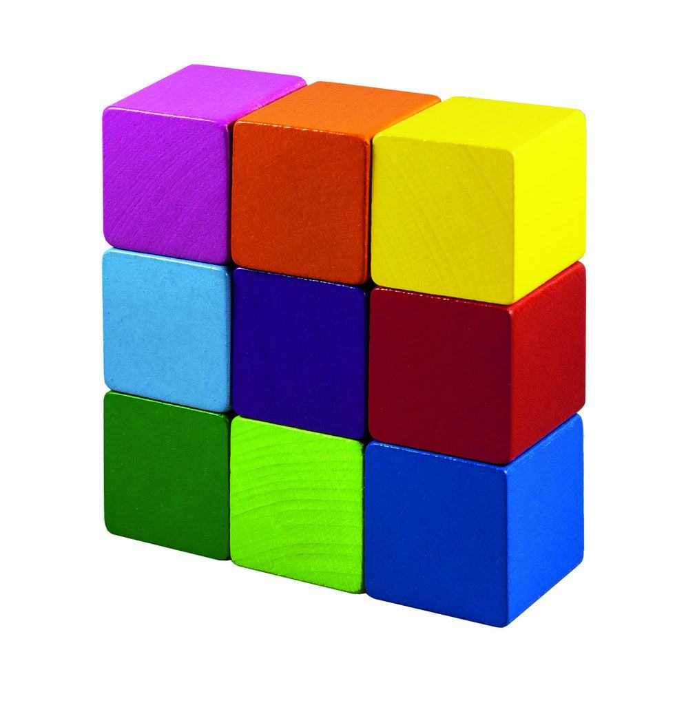 Colorful wooden cubes for children, 35mm size, 9 pieces, assorted colors.