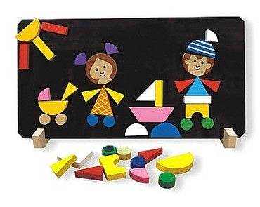 Magnetic puzzle board with wooden shapes for children.