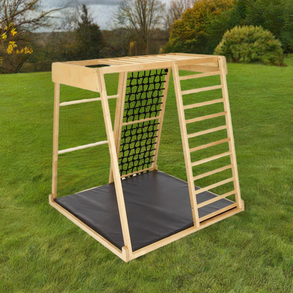 Montessori black edition wooden climbing frame with slide and safety mat for toddlers.