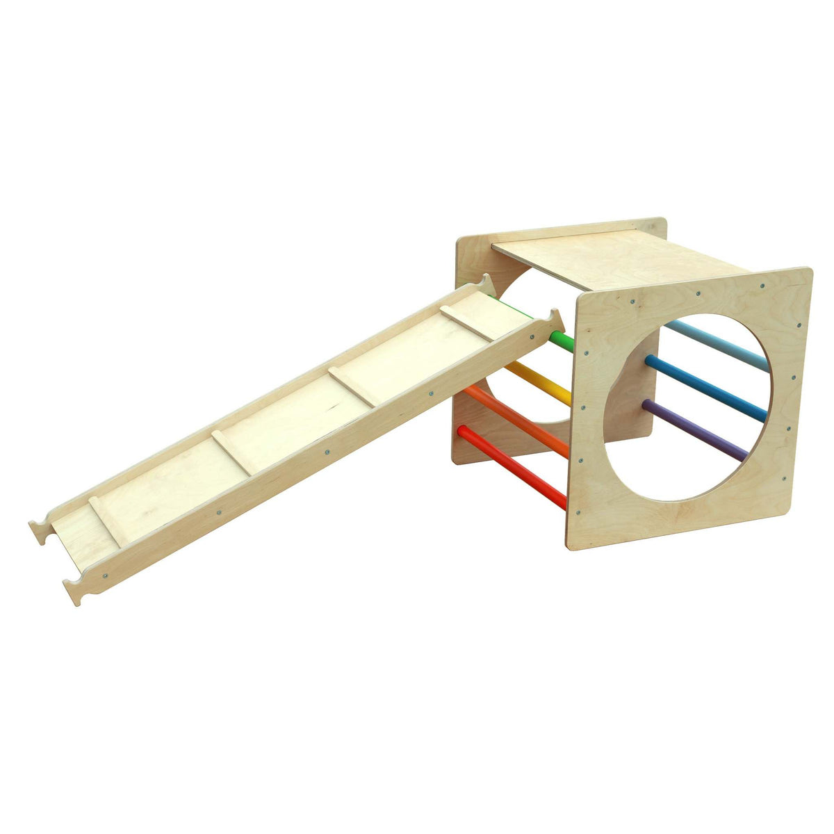 Montessori Kletterwürfel mit XXL Rutsche aus Birkenholz für Kleinkinder, ideal für motorische Entwicklung und sicheres Spielen.
