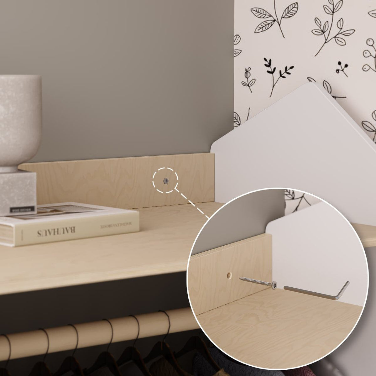 White children&#39;s wardrobe shaped like a house, featuring open shelves for easy clothing access, designed in line with Montessori principles.