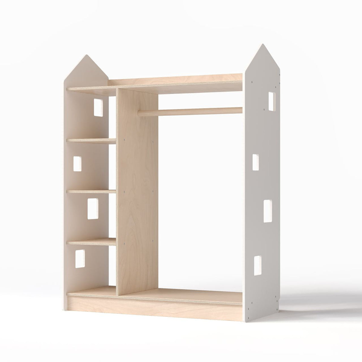 Offener weißer Kinderkleiderschrank in Hausform, geeignet für Montessori-Prinzipien, aus umweltfreundlichen Materialien.