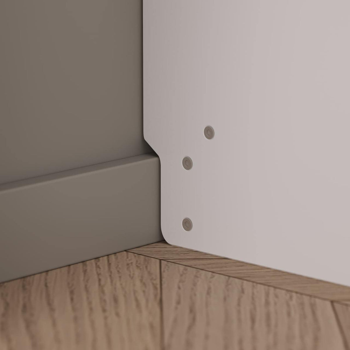 White corner detail of the open house-shaped children&#39;s wardrobe made from MDF and birch plywood.