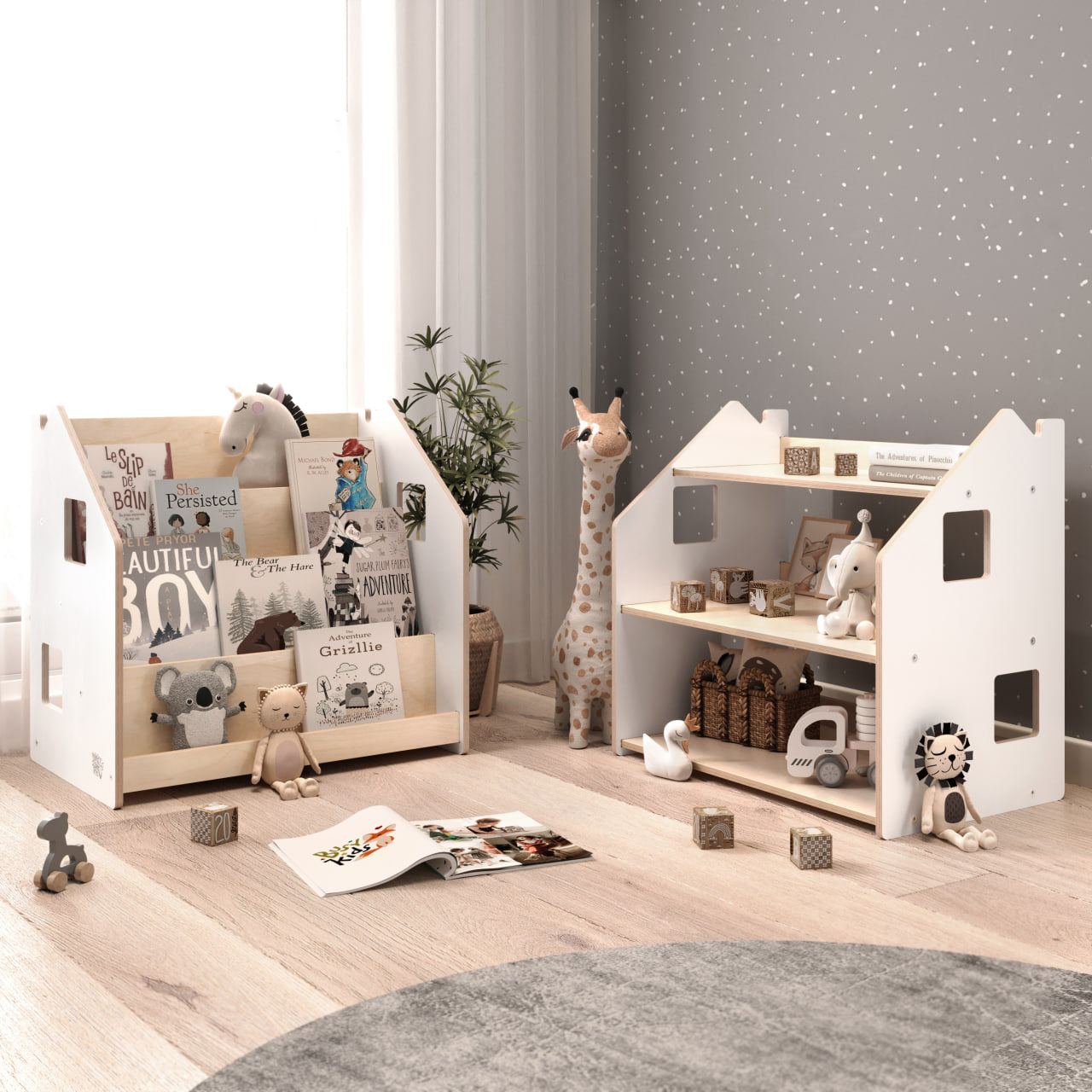 White Montessori-style bookshelf and toy shelf in a children's room, featuring accessible and organized storage.