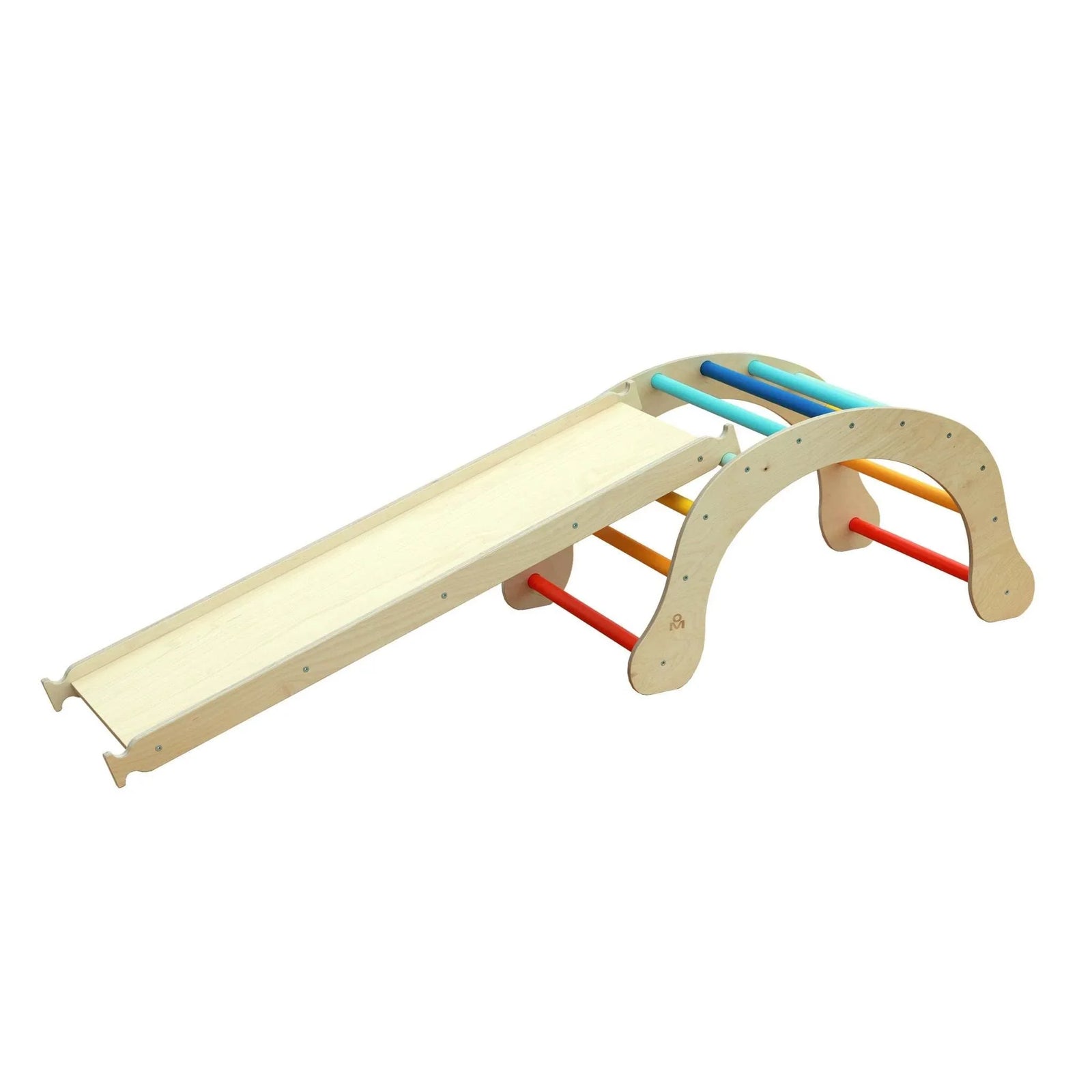 Montessori Kletterbogen mit XXL Rutsche in hellen Farben, ideales Spielzeug zur Förderung der Grobmotorik von Kleinkindern.