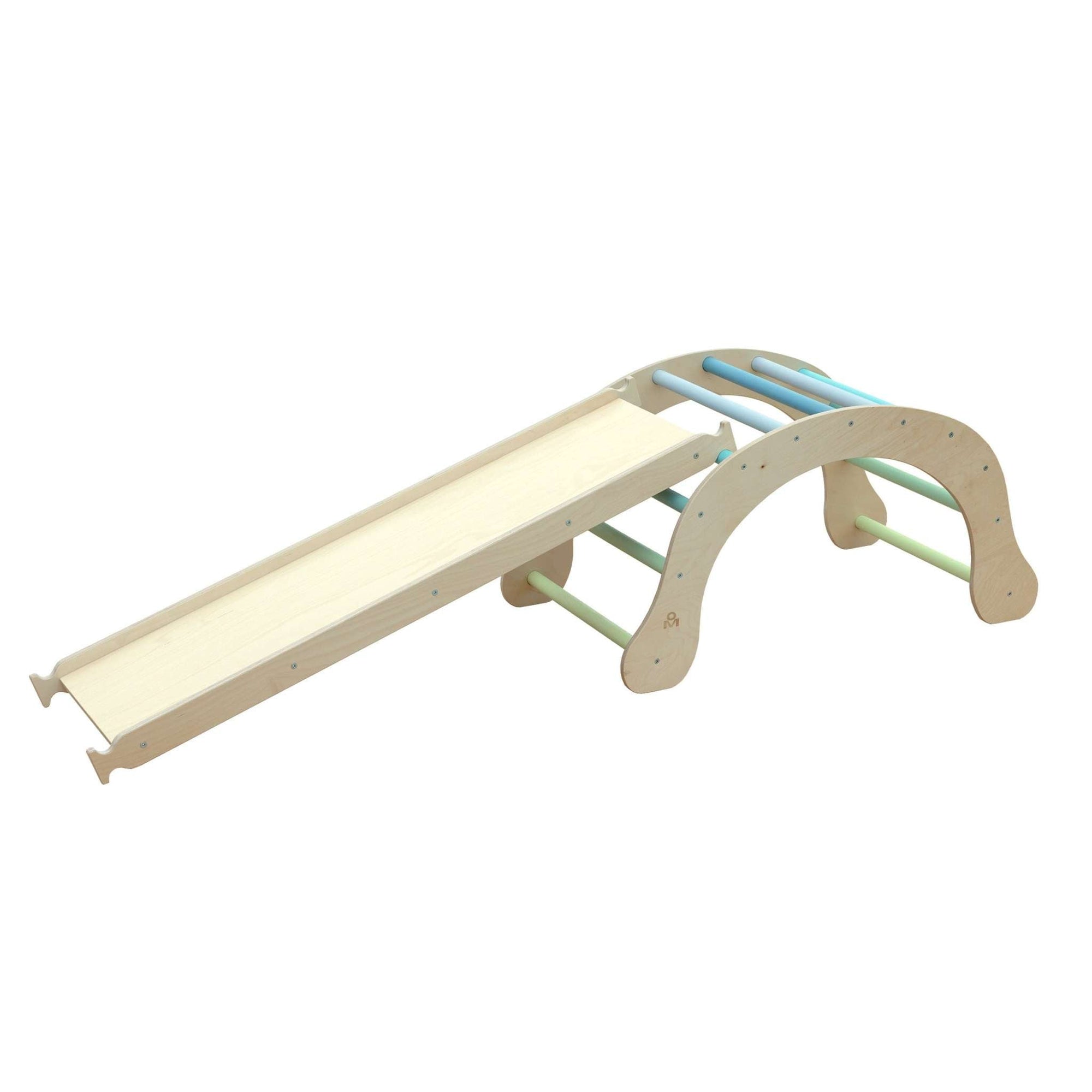 Montessori® climbing set with arch, triangle, and XXL slides in mint for indoor play.