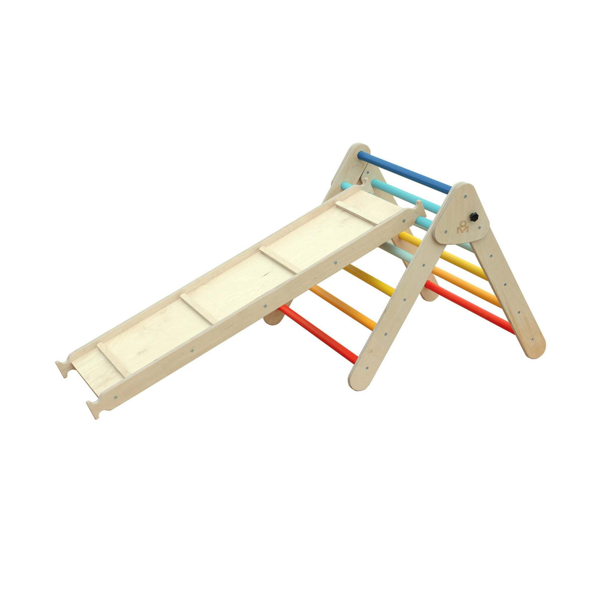 Montessori climbing set with XXL slide and rainbow rungs made of natural wood.