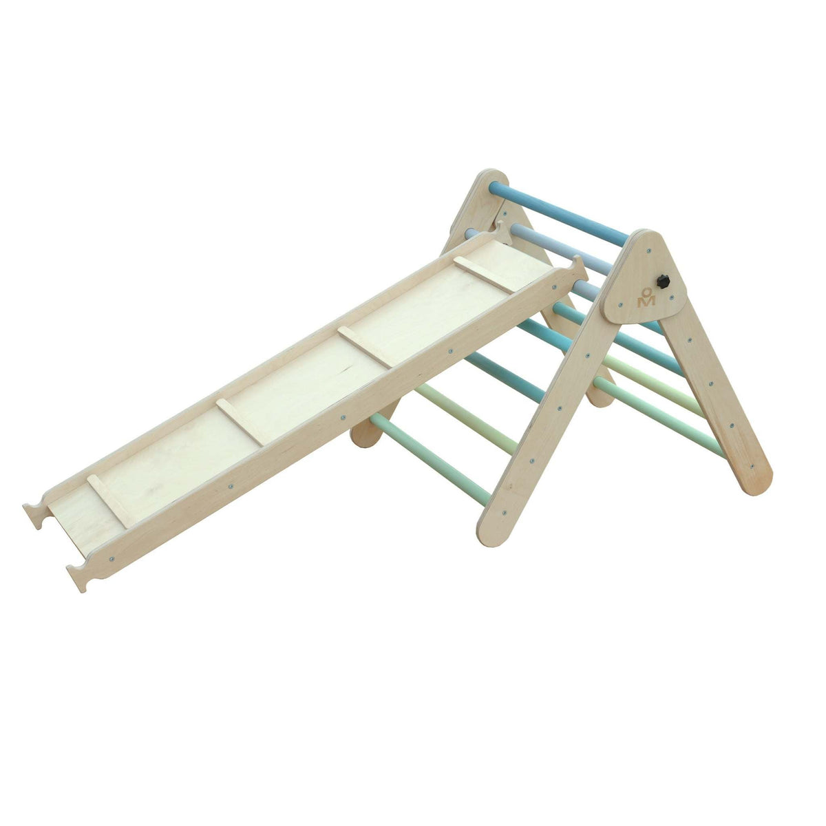 Montessori set with climbing arch, triangle, and two XXL mint slides for toddlers.