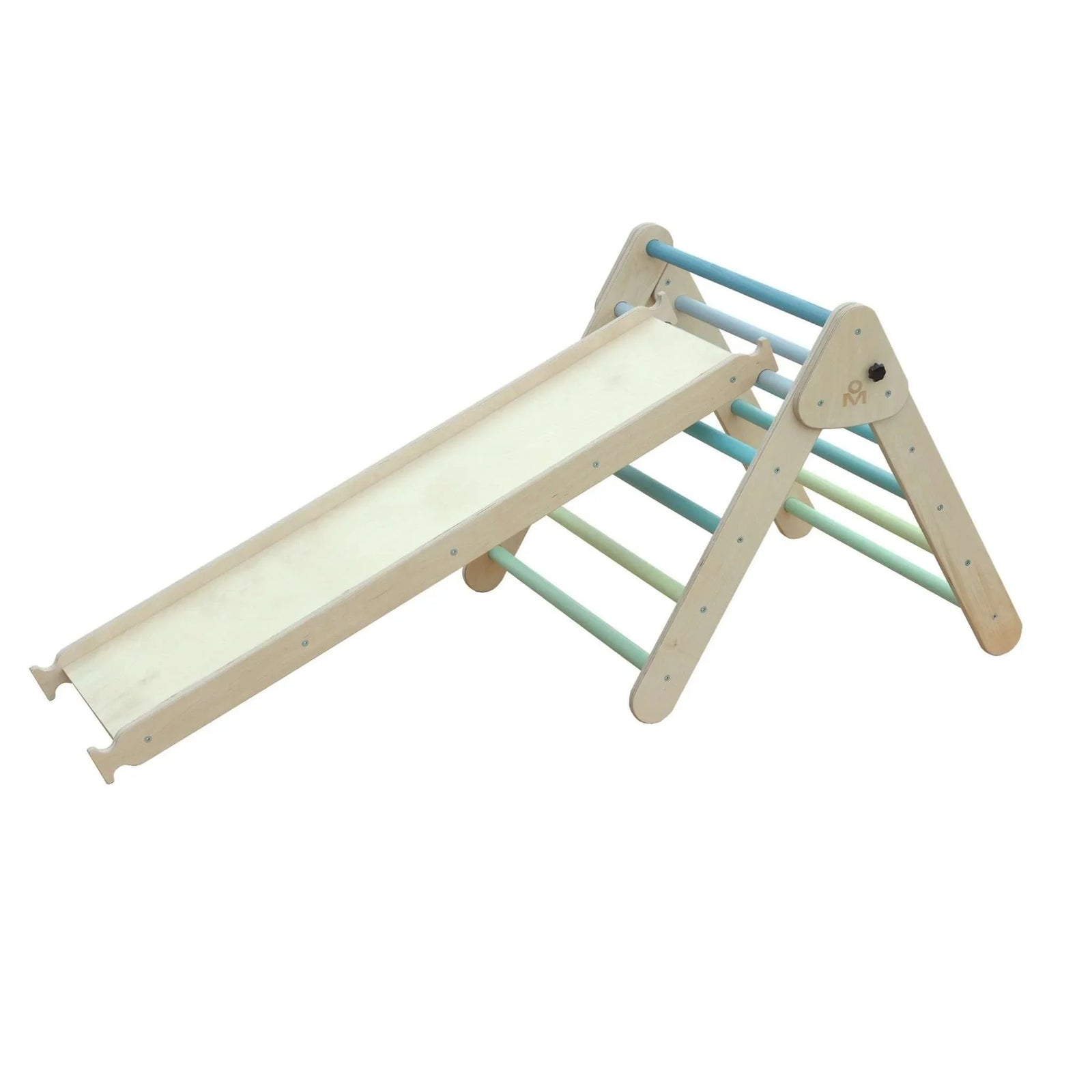 Montessori® set with climbing arch, triangle, and two XXL slides in mint for indoor play.
