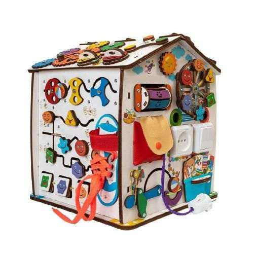 Motorikhaus - Emoticons busy board with interactive elements like gears, laces, and locks for child development.