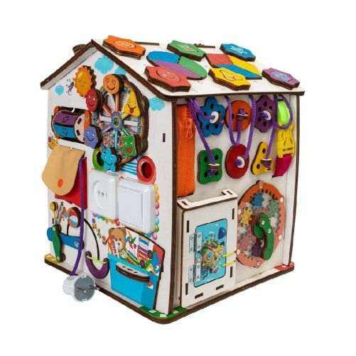 Educational Motorikhaus busy board with emoticon design, featuring gears, locks, labyrinths, and colorful interactive elements for toddler development.
