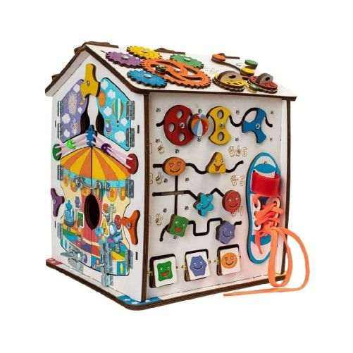 Motorikhaus Emoticons busy board with gears, labyrinths, and colorful elements.