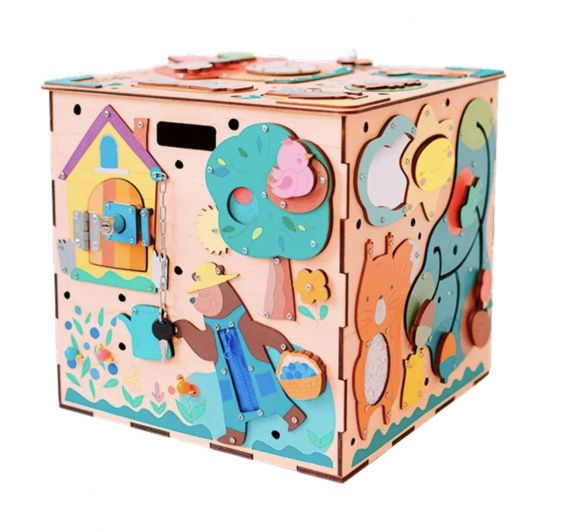 Juguete de motricidad, casa activa para niños pequeños, BusyBox con iluminación, habitantes del bosque