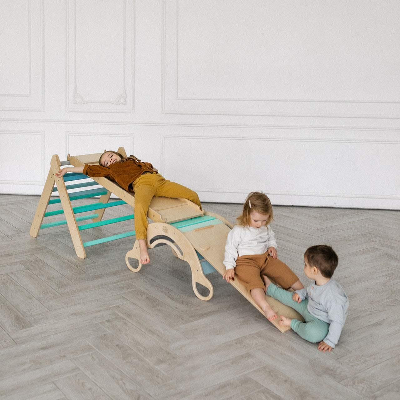 Montessori set with climbing triangle, two slides, and mint swing for kids.