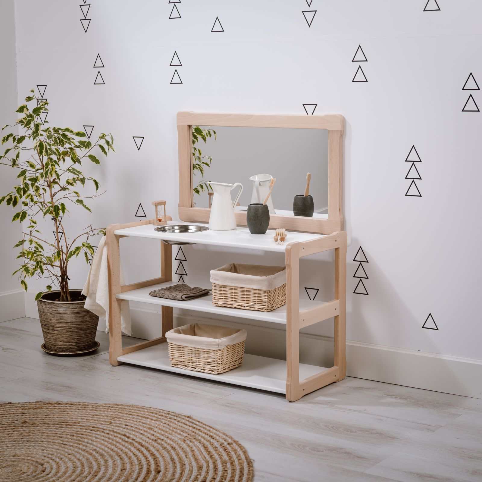 Kinderwaschtisch mit Spiegel im Montessori-Stil, aus FSC-zertifiziertem Buchenholz, mit Regal und Kindergerechtem Design.