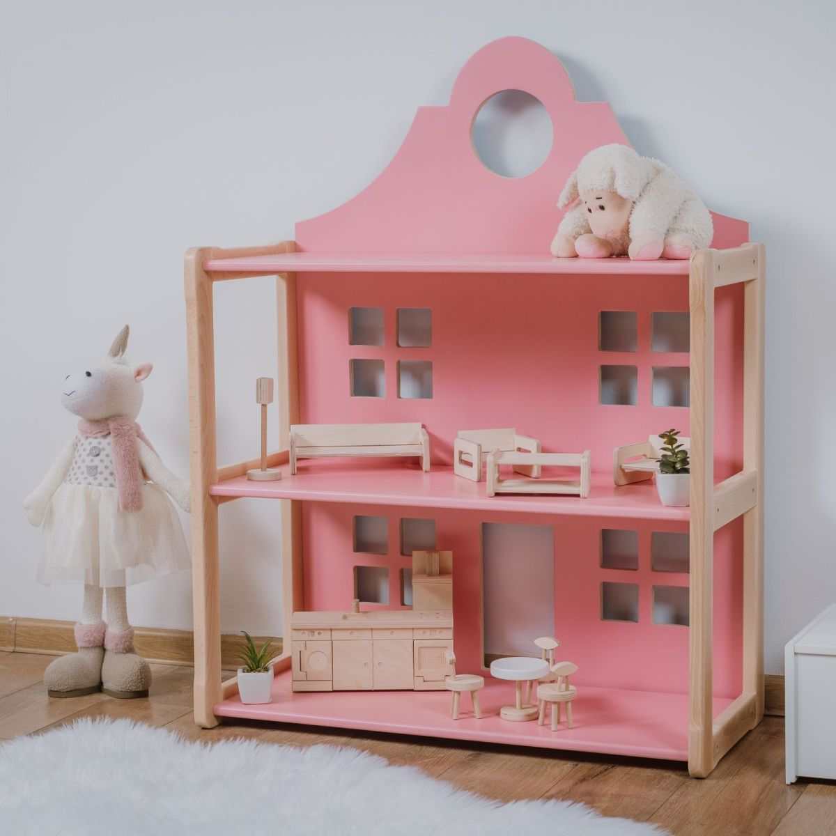 Puppenhausregal MIMI - Montessori® in pink, wooden dollhouse shelf for children, adaptable as a bookshelf or decorative display, for kids 3 and up.