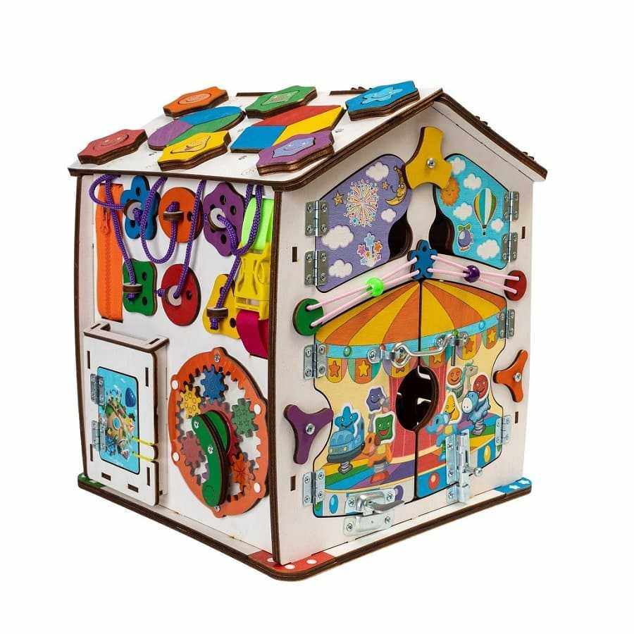 Motorikhaus with multiple interactive elements for developing fine motor skills and logical thinking in children.