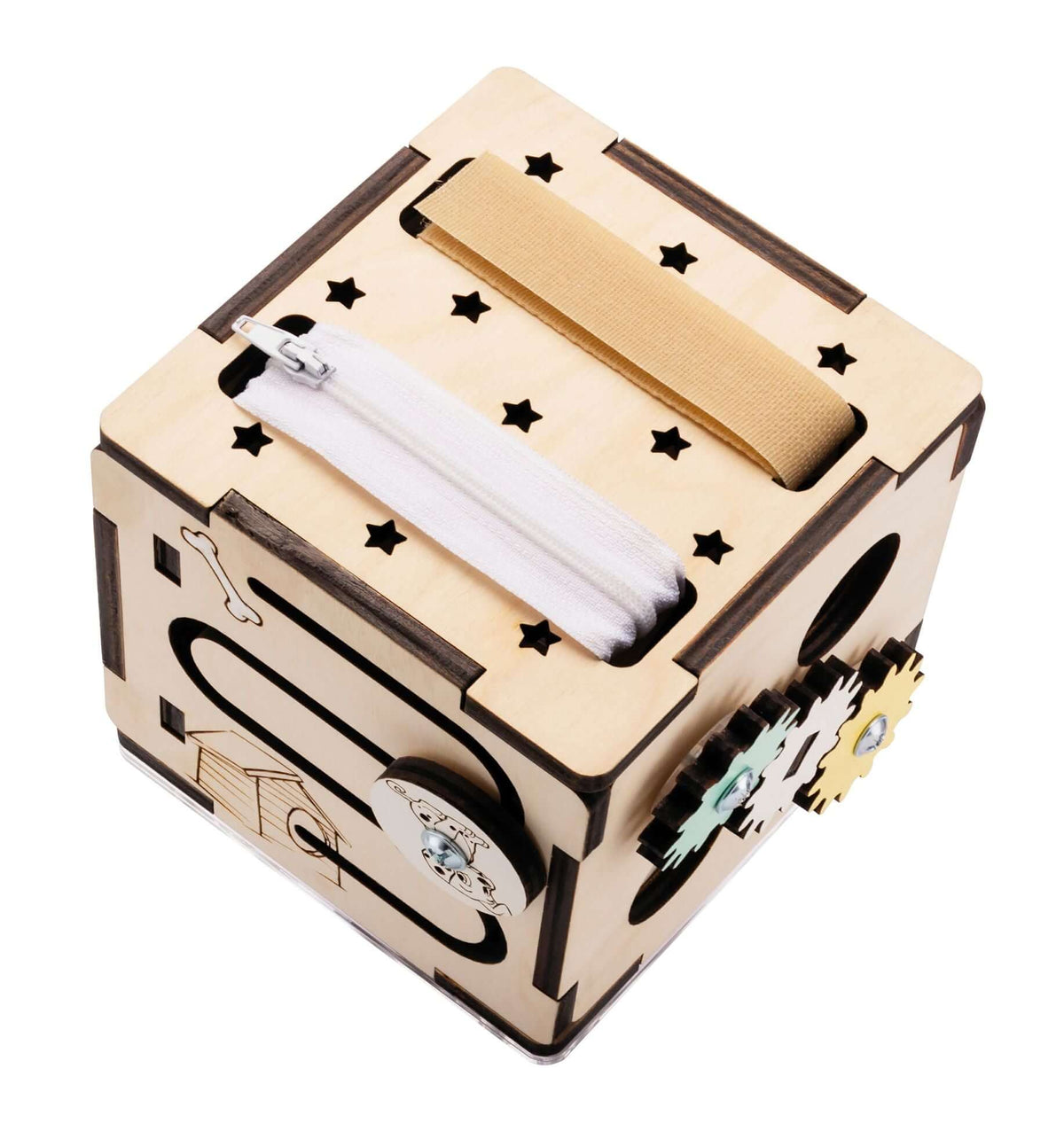 Interactive educational wooden cube toy for children with zippers, gears, and fasteners.